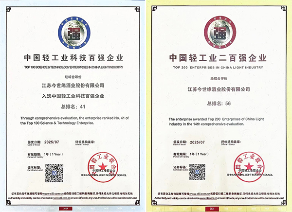 今世缘荣膺中国轻工业双百强，综合实力再获国家级认可